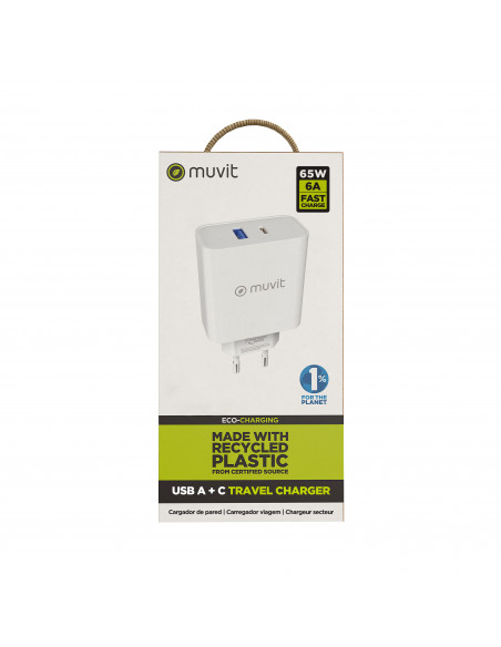 muvit for change cargador de pared 1 USB QC 3.0 18W+1 Tipo C PD 65W blanco