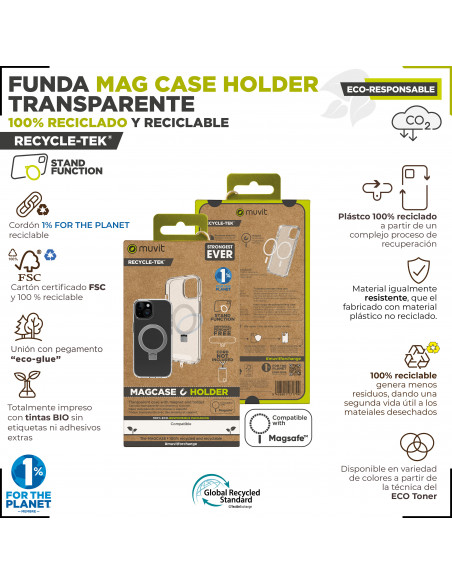 muvit for change funda recycletek Magsafe con soporte compatible con Apple iPhone 15 Pro Max transparente