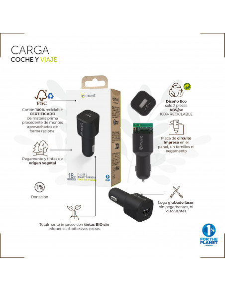 muvit for change cargador coche 1 USB QC 3.0 18W+1 Tipo C PD 20W negro