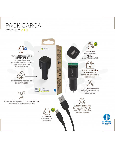 muvit for change pack cargador coche USB 2 puertos 2.4A/12W + cable 1.2m tipo C negro