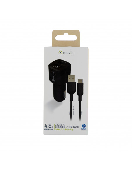 muvit for change pack cargador coche USB 2 puertos 2.4A/12W + cable 1.2m tipo C negro