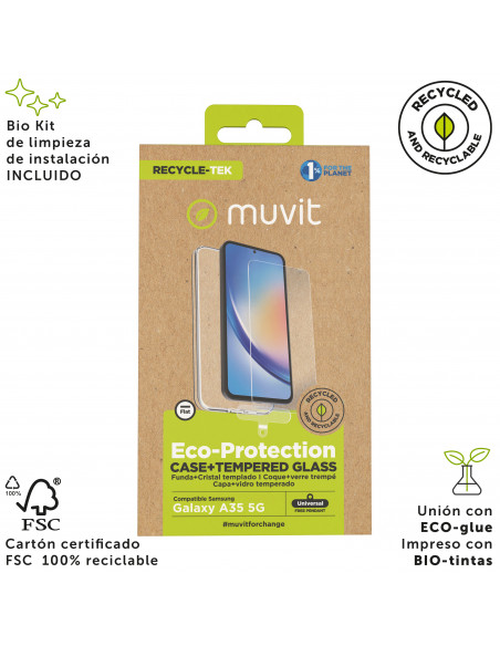 muvit for change funda compatible con Samsung Galaxy A35 5G + protector de pantalla vidrio templado plano
