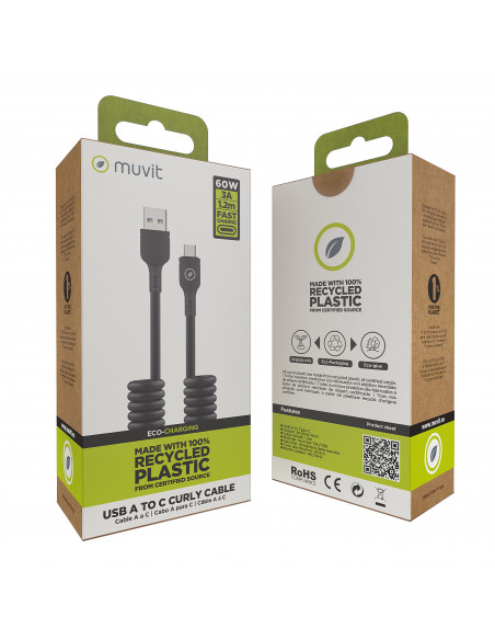 muvit for change cable rizado Tipo A a Tipo C 3A 60w 1,2m negro