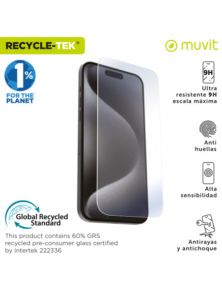 muvit for change protector pantalla recycletek compatible con Apple iPhone 17/17 Pro/16 Pro vidrio templado plano