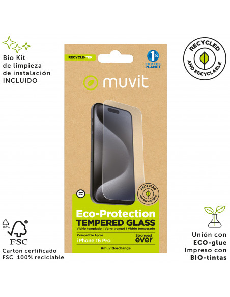 muvit for change protector pantalla recycletek compatible con Apple iPhone 17/17 Pro/16 Pro vidrio templado plano
