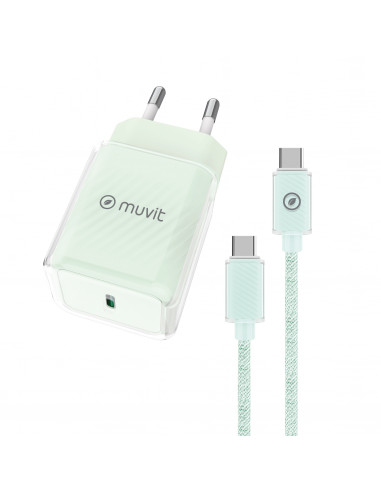 muvit for change pack cargador de pared Glass Tipo C PD 30W + cable tipo C a tipo C 3A 1m verde