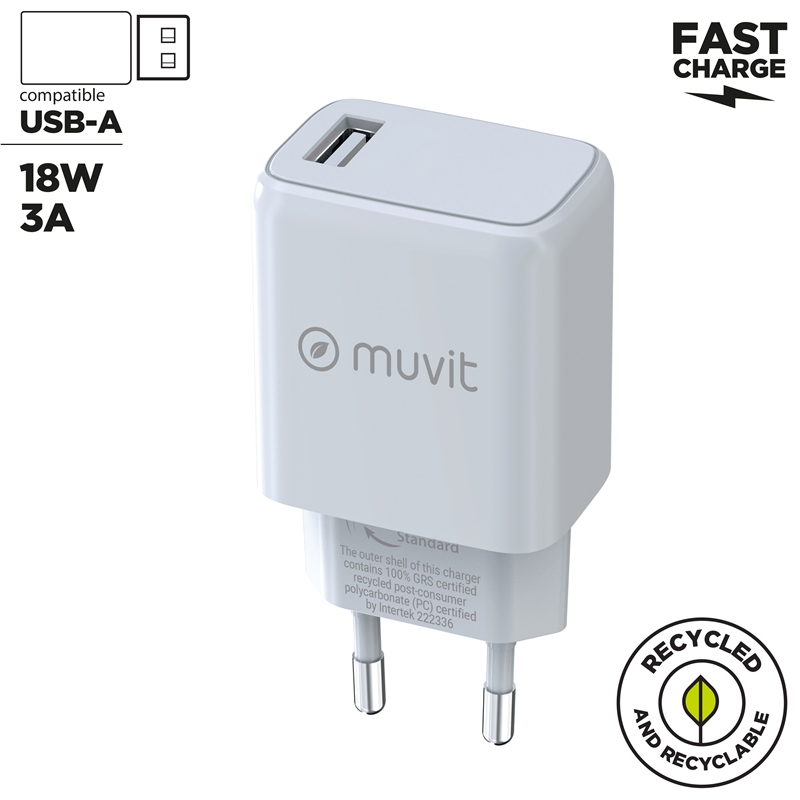 muvit for change cargador de pared USB 3A 15W blanco