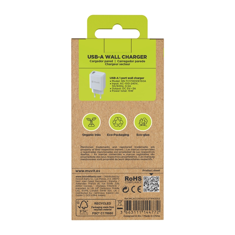 muvit for change cargador de pared USB 3A 15W blanco