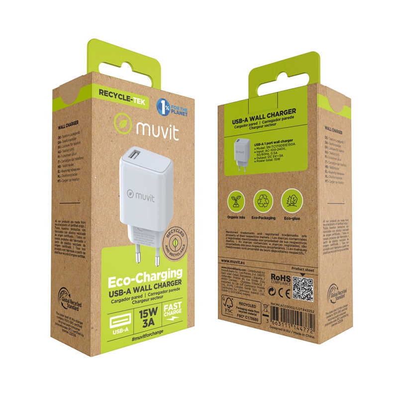 muvit for change cargador de pared USB 3A 15W blanco