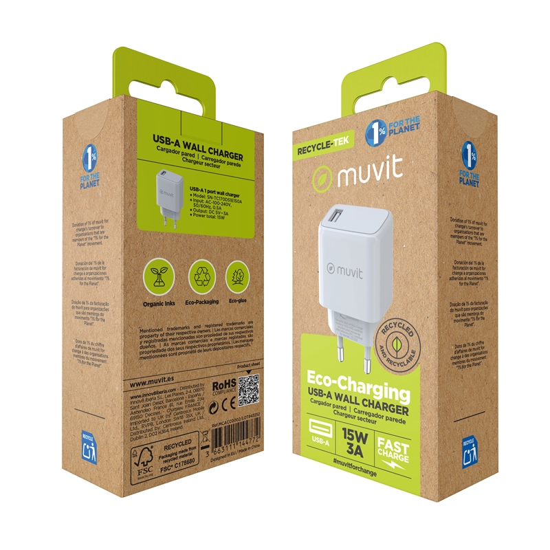 muvit for change cargador de pared USB 3A 15W blanco