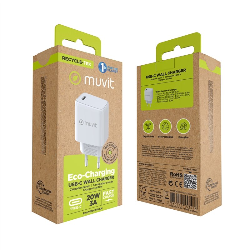 muvit for change cargador de pared Tipo C PD 20W blanco