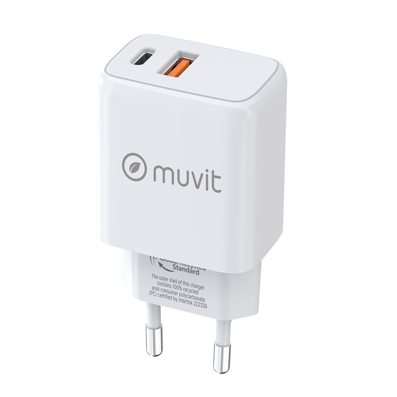 muvit for change cargador de pared 1 USB QC 3.0 18W+1 Tipo C PD 20W blanco