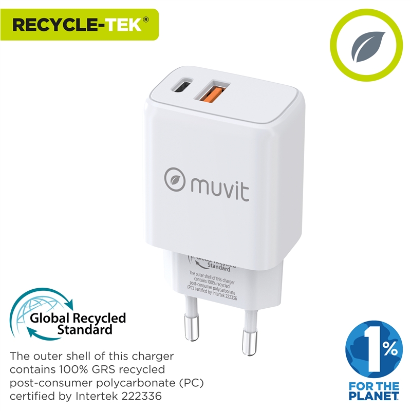muvit for change cargador de pared 1 USB QC 3.0 18W+1 Tipo C PD 20W blanco