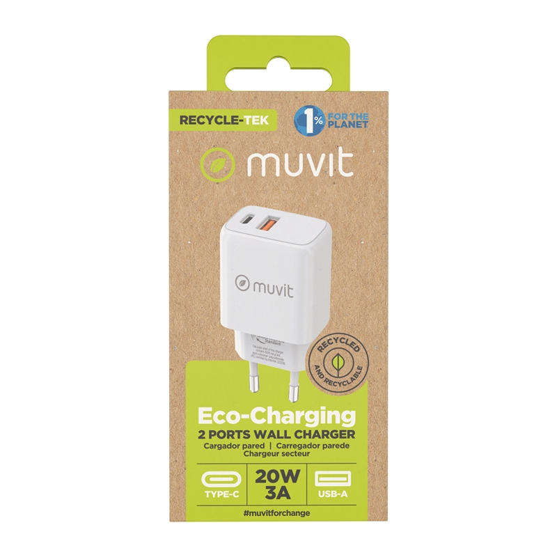 muvit for change cargador de pared 1 USB QC 3.0 18W+1 Tipo C PD 20W blanco