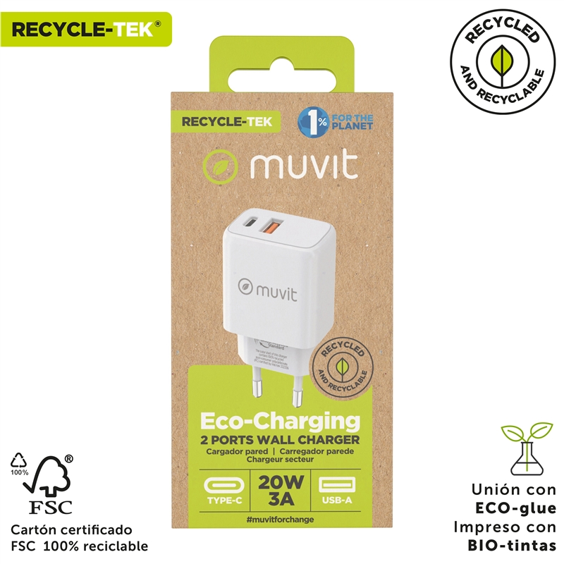 muvit for change cargador de pared 1 USB QC 3.0 18W+1 Tipo C PD 20W blanco
