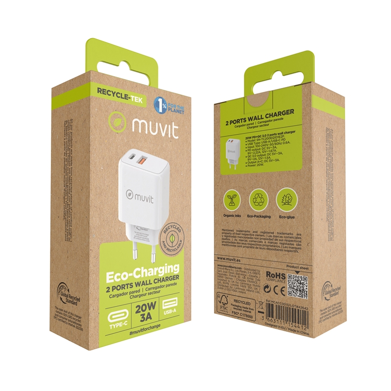 muvit for change cargador de pared 1 USB QC 3.0 18W+1 Tipo C PD 20W blanco