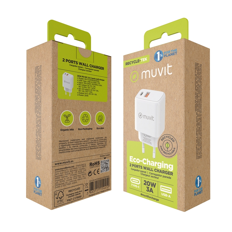 muvit for change cargador de pared 1 USB QC 3.0 18W+1 Tipo C PD 20W blanco