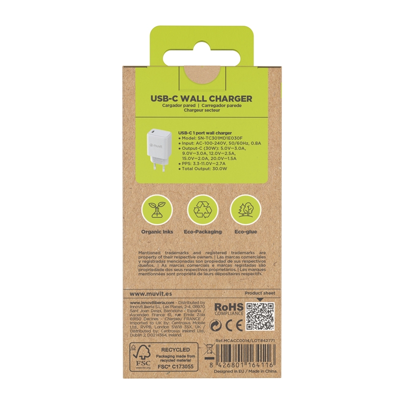 muvit for change cargador de pared Tipo C PD 30W blanco