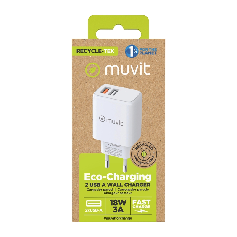 muvit for change cargador de pared 2 USB 3A/18W blanco