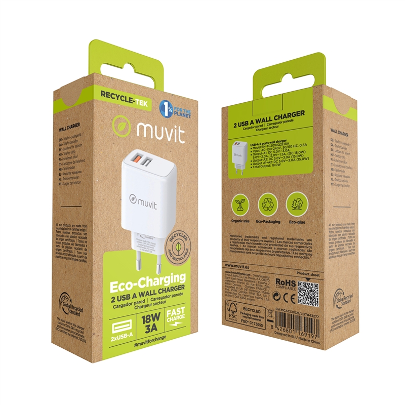 muvit for change cargador de pared 2 USB 3A/18W blanco