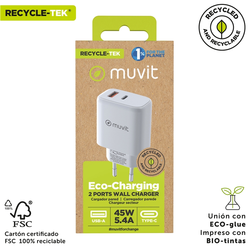 muvit for change cargador de pared GaN USB 18W + Tipo C PD45W blanco
