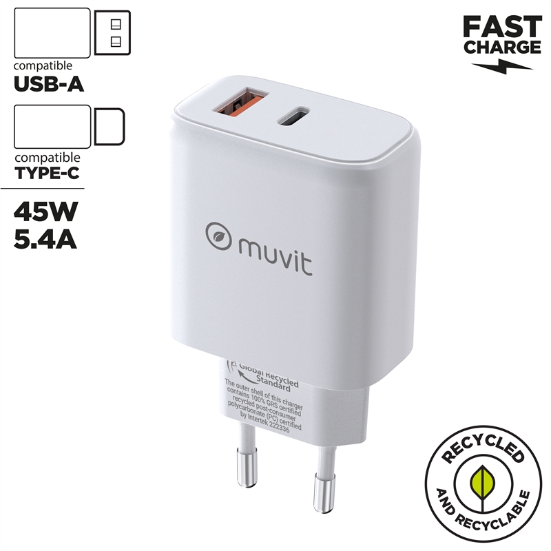 muvit for change cargador de pared GaN USB 18W + Tipo C PD45W blanco