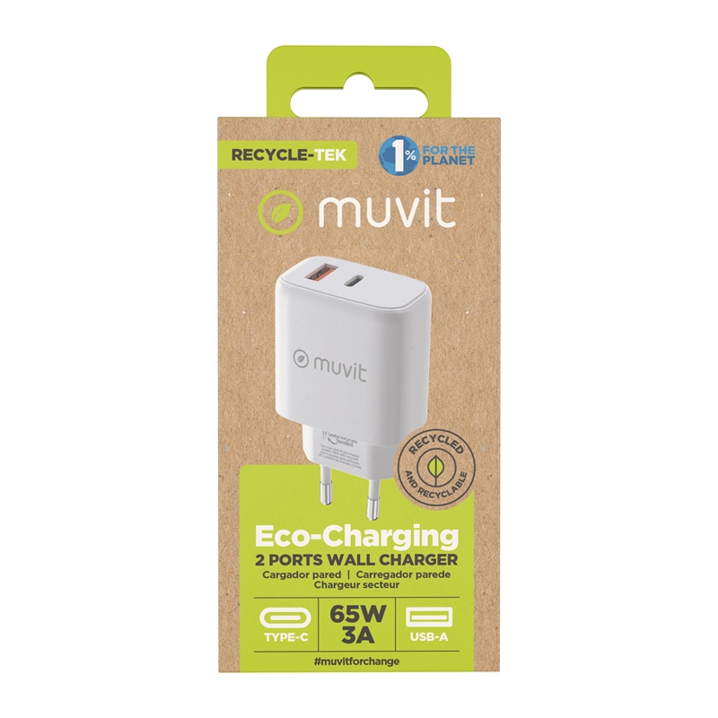 muvit for change cargador de pared GaN 1 USB QC 3.0 18W + Tipo C PD65W blanco