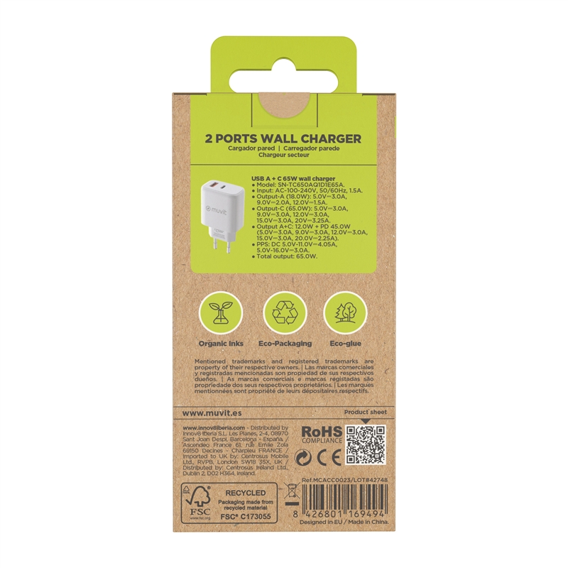 muvit for change cargador de pared GaN 1 USB QC 3.0 18W + Tipo C PD65W blanco