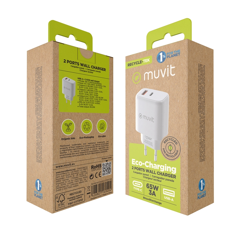 muvit for change cargador de pared GaN 1 USB QC 3.0 18W + Tipo C PD65W blanco