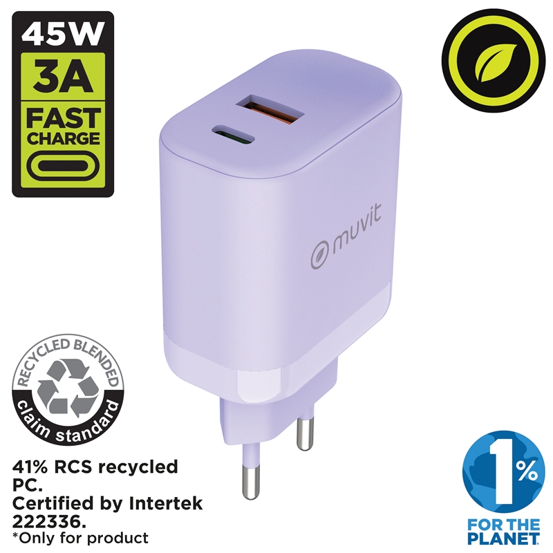 muvit for change cargador de pared GaN USB-A 36W + Tipo C PD45W lavanda