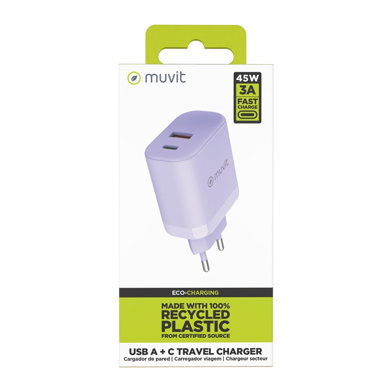 muvit for change cargador de pared GaN USB-A 36W + Tipo C PD45W lavanda