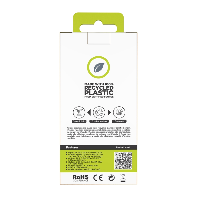 muvit for change cargador de pared GaN USB-A 36W + Tipo C PD45W lavanda