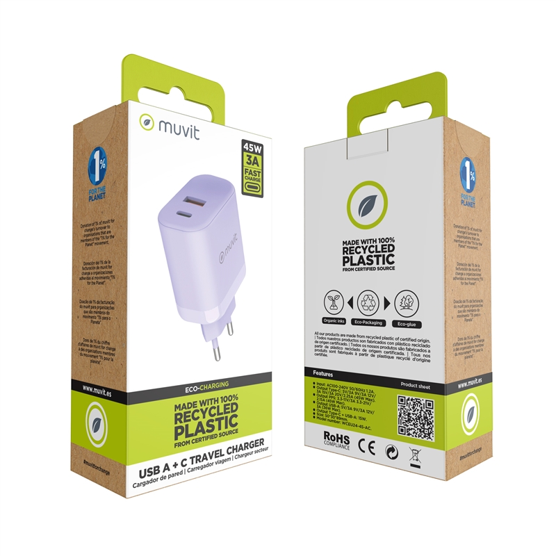muvit for change cargador de pared GaN USB-A 36W + Tipo C PD45W lavanda