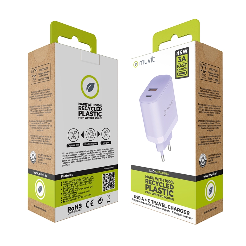 muvit for change cargador de pared GaN USB-A 36W + Tipo C PD45W lavanda