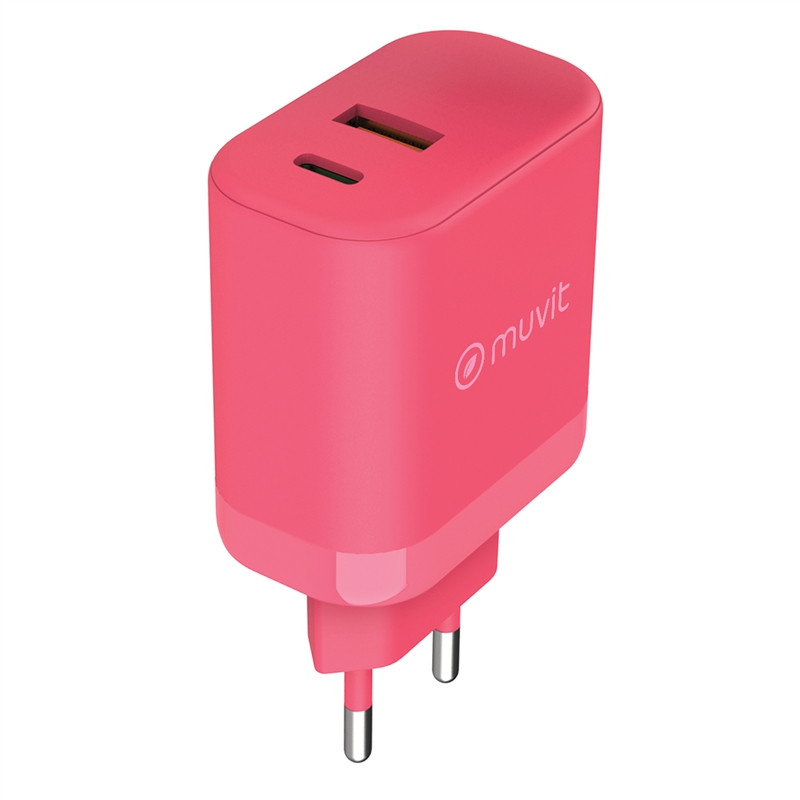 muvit for change cargador de pared GaN USB-A 36W + Tipo C PD45W magenta