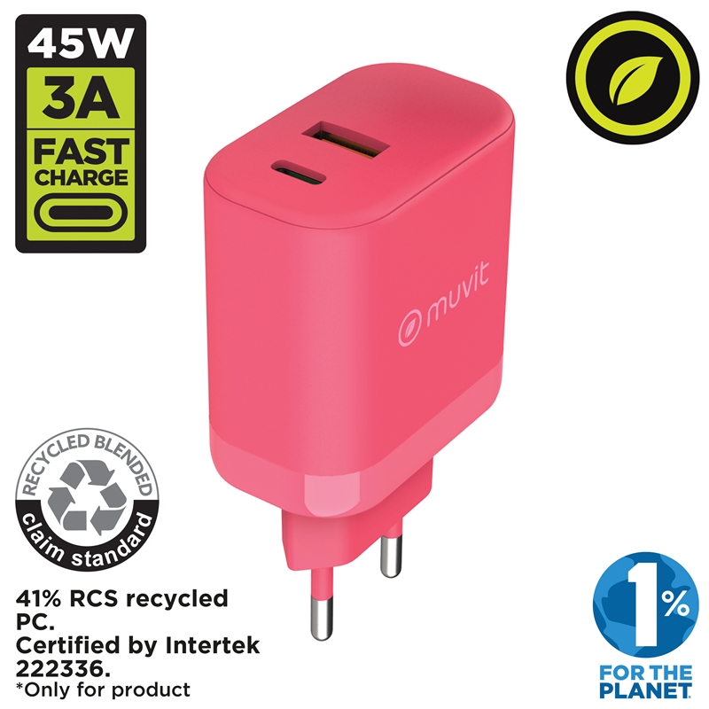 muvit for change cargador de pared GaN USB-A 36W + Tipo C PD45W magenta