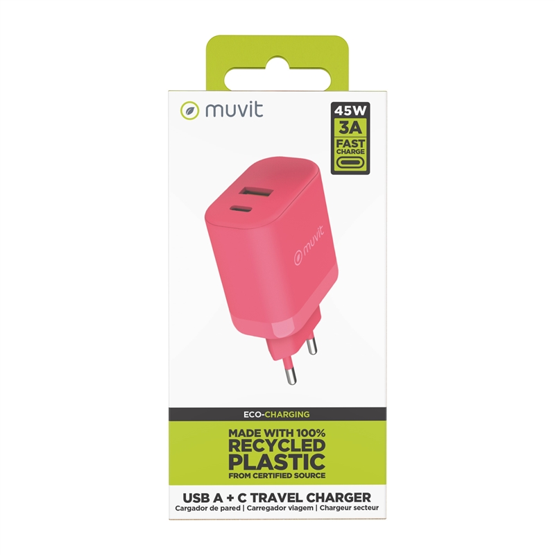 muvit for change cargador de pared GaN USB-A 36W + Tipo C PD45W magenta