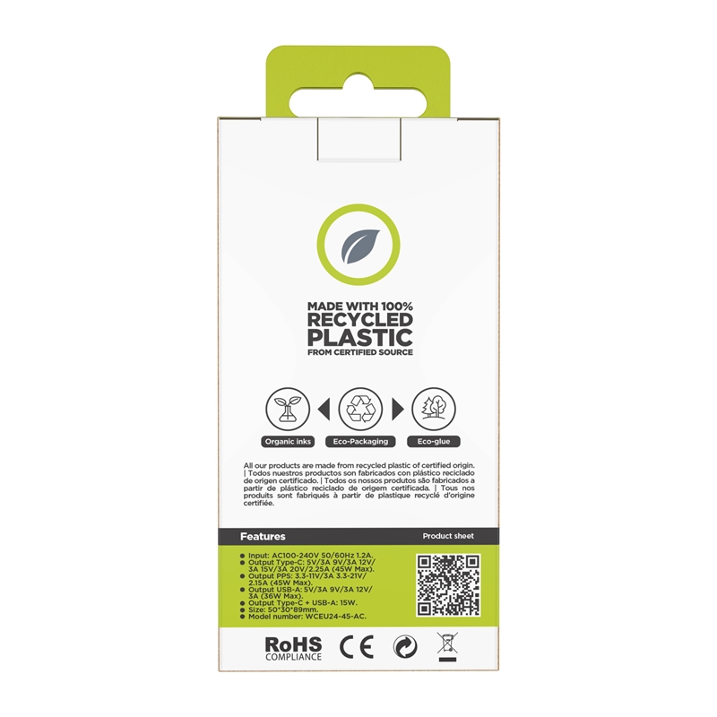 muvit for change cargador de pared GaN USB-A 36W + Tipo C PD45W magenta