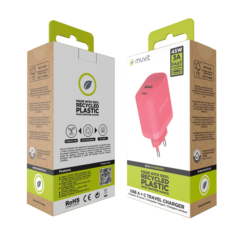 muvit for change cargador de pared GaN USB-A 36W + Tipo C PD45W magenta