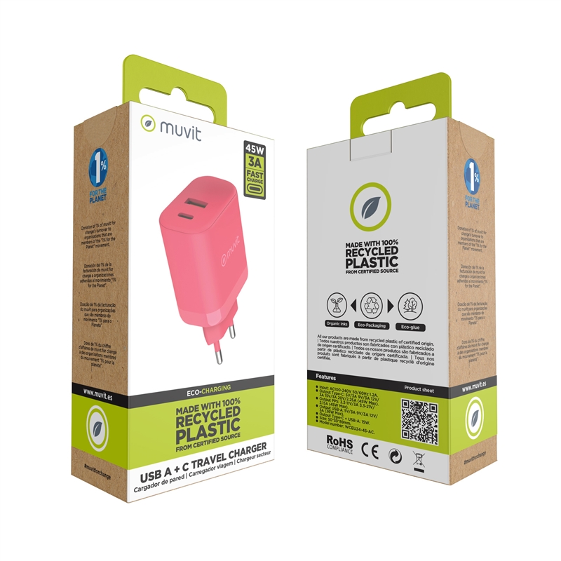 muvit for change cargador de pared GaN USB-A 36W + Tipo C PD45W magenta