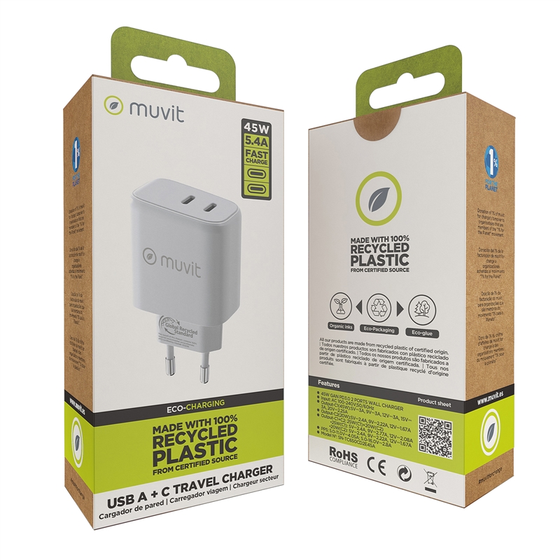 muvit for change cargador de pared GaN Tipo C PD45W + Tipo CPD20W blanco