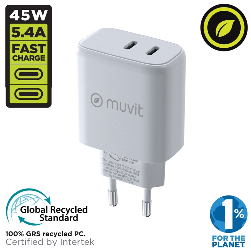 muvit for change cargador de pared GaN Tipo C PD45W + Tipo CPD20W blanco