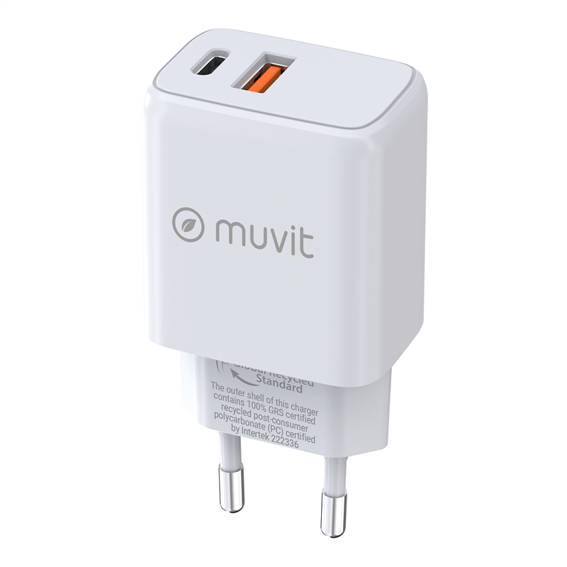 muvit for change cargador de pared 1 USB QC 3.0 18W + 1 Tipo C PD 25W blanco