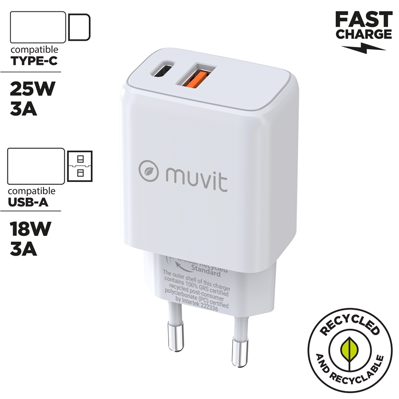 muvit for change cargador de pared 1 USB QC 3.0 18W + 1 Tipo C PD 25W blanco