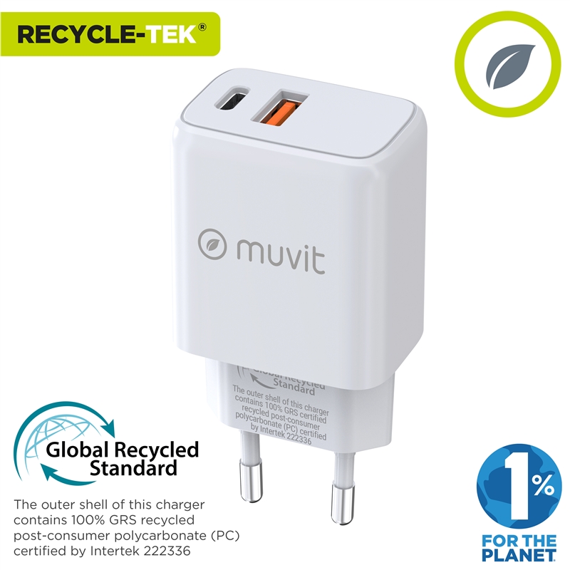 muvit for change cargador de pared 1 USB QC 3.0 18W + 1 Tipo C PD 25W blanco