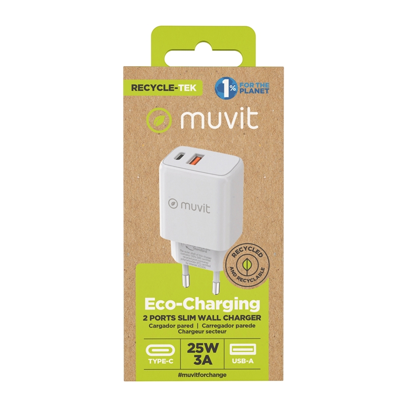 muvit for change cargador de pared 1 USB QC 3.0 18W + 1 Tipo C PD 25W blanco