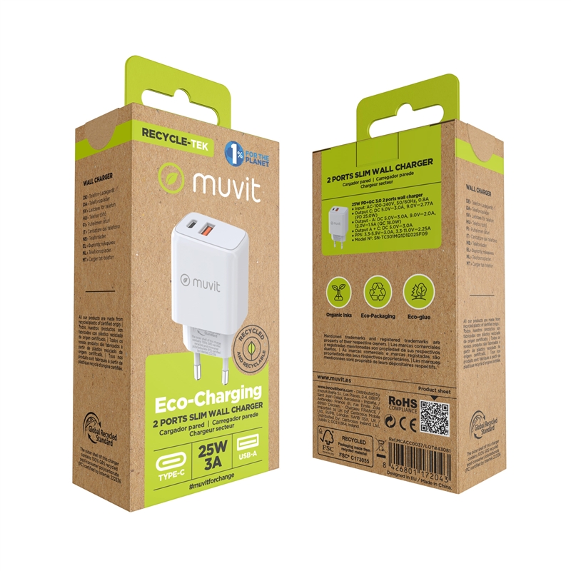 muvit for change cargador de pared 1 USB QC 3.0 18W + 1 Tipo C PD 25W blanco