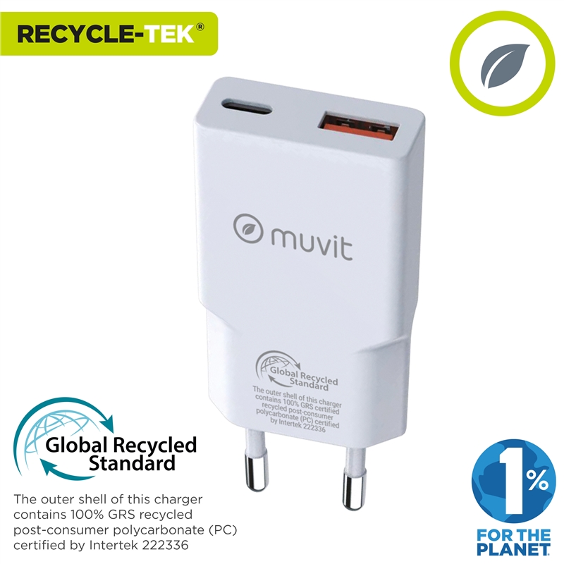 muvit for change cargador de pared Slim 1 USB QC 3.0 18W+1 Tipo C PD 30W blanco