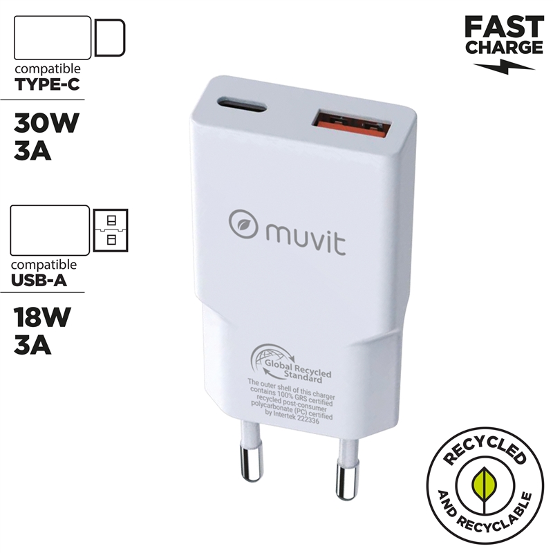 muvit for change cargador de pared Slim 1 USB QC 3.0 18W+1 Tipo C PD 30W blanco