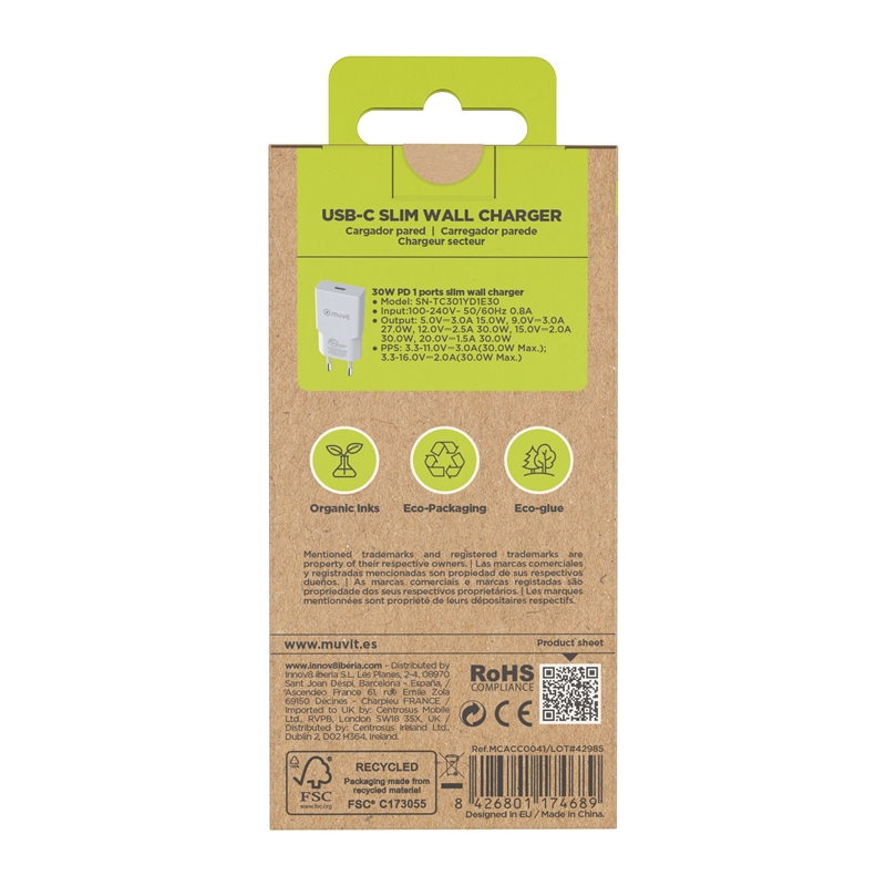 muvit for change cargador de pared Slim Tipo C PD 30W blanco
